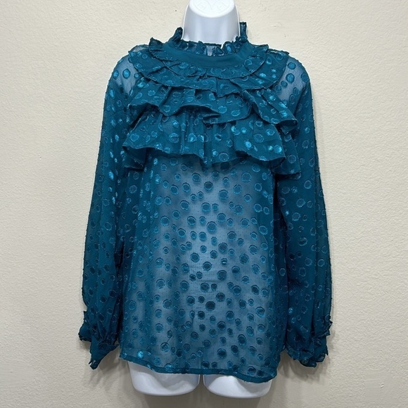 Dark ocean green jacquard-ruffle collar  Blouse Size L - Picture 9 of 10